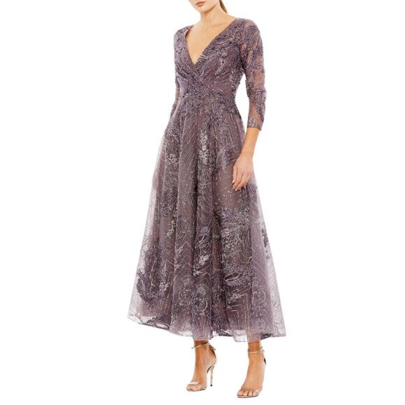 Mac Duggal Size 20 Purple Embellished 3/4 Long Sleeve V-Neck Midi Tea Dress Gown - Picture 2 of 5